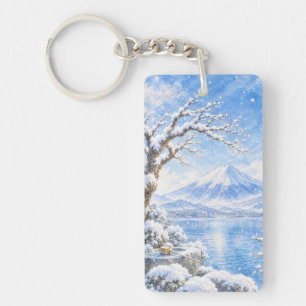 Winter Fuji and Snow Rabbit Watercolor-style Acryl Key Ring