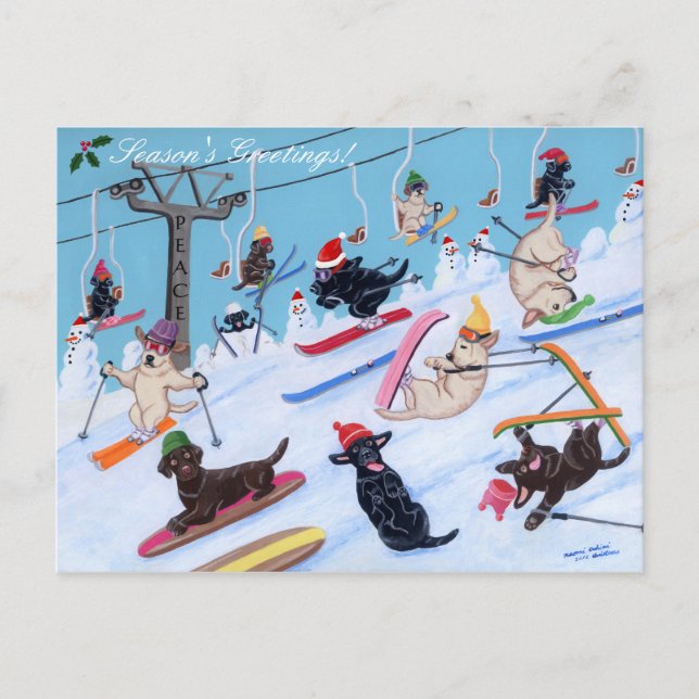 Winter Fun Christmas Skiing Labradors Holiday Postcard (Front)
