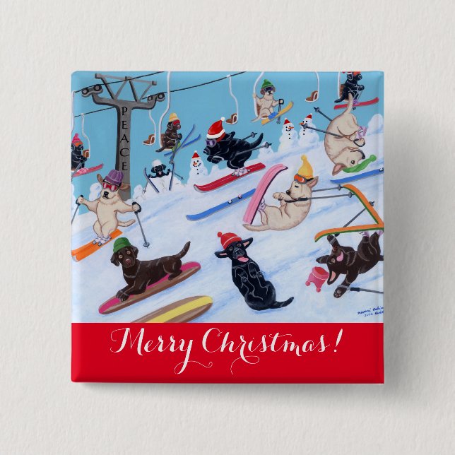 Winter Fun Christmas Skiing Labradors Painting 15 Cm Square Badge (Front)