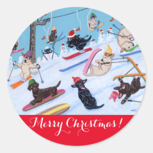 Winter Fun Christmas Skiing Labradors Painting Classic Round Sticker