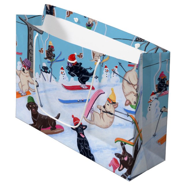 Winter Fun Christmas Skiing Labradors Painting Large Gift Bag (Front Angled)