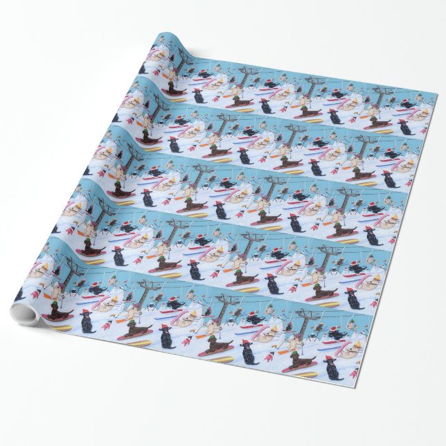 Winter Fun Christmas Skiing Labradors Painting Wrapping Paper (Unrolled)