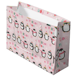 Winter Fun   Cute Pink Penguins Christmas Large Gift Bag