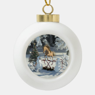 Winter Fun Jumping Horse and Snowmen Ceramic Ball Christmas Ornament