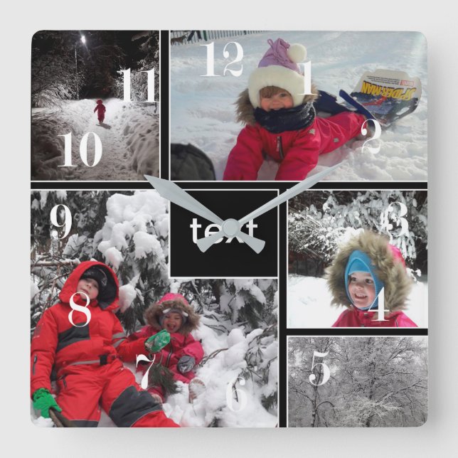 Winter fun kids games snow customisable text perso square wall clock (Front)