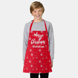 Winter Fun Red White Snowflakes Merry Christmas Apron