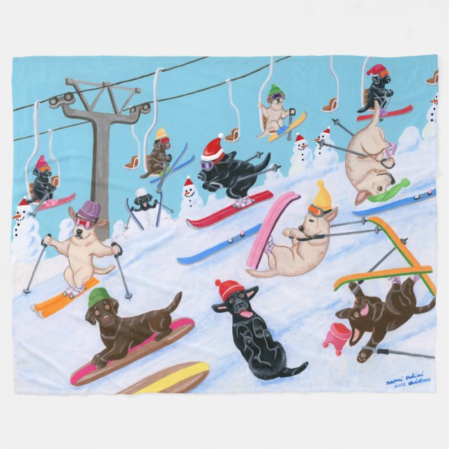 Winter Fun Skiing Christmas Labradors Fleece Blanket (Front (Horizontal))