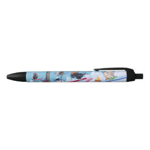 Winter Fun Skiing Labradors Painting Black Ink Pen