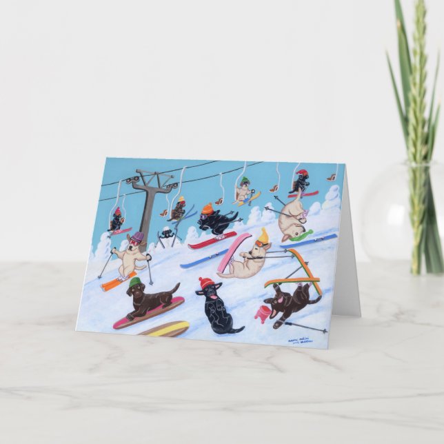 Winter Fun Skiing Labradors Painting Card (Front)