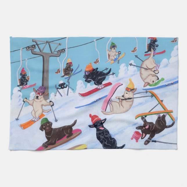 Winter Fun Skiing Labradors Painting Tea Towel (Horizontal)