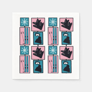 Winter fun. Skis and accessories on a snowy day. Napkin