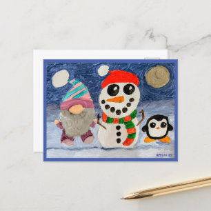 Winter Fun with Gnome, Snowman and Penguin Postcard