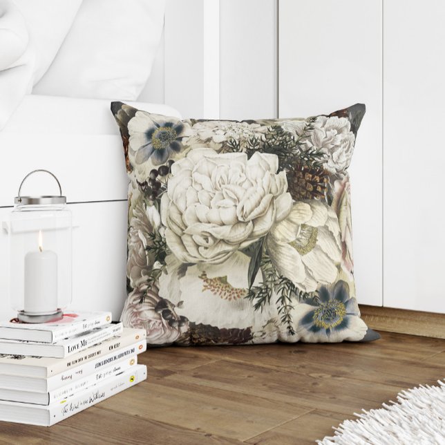 Winter garden white and grey vintage botanical cushion (Creator Uploaded)