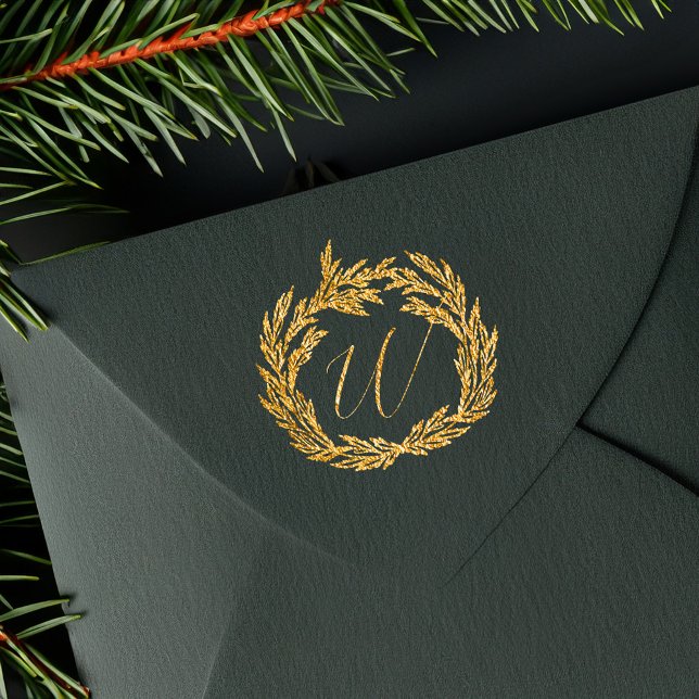 Winter Garland Wreath Calligraphy Monogram Crest Rubber Stamp (Winter Garland Wreath Calligraphy Monogram Crest Rubber Stamp with (Golden Glitz Ink))
