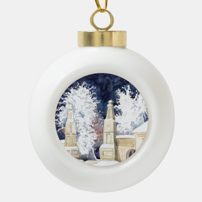 Winter gate at night (sketch) ceramic ball christmas ornament (Front)