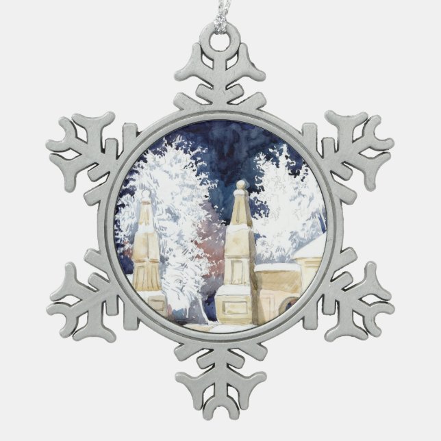 Winter gate at night (sketch) snowflake pewter christmas ornament (Front)