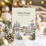 Winter Gate Christmas Card – Snowy Cottage Scene<br><div class="desc">Send heartfelt holiday wishes with this elegant two-sided Christmas card featuring a cosy snow-covered cottage seen through a beautifully decorated gate. Accented with festive wreaths and soft winter lighting, this card evokes a sense of peace and warmth. Customise both sides with your own text to create a one-of-a-kind greeting for...</div>