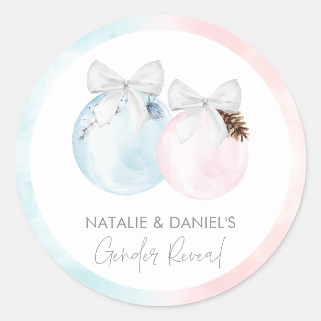 Winter Gender Reveal Baby Shower Classic Round Sticker (Front)