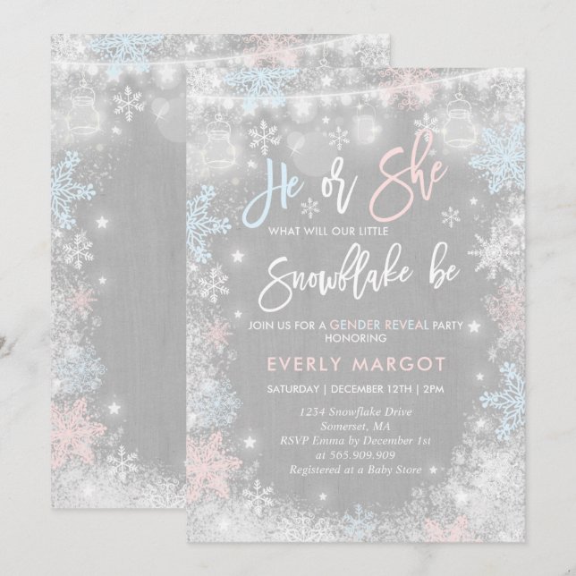 Winter Gender Reveal Invitation Rustic Baby Shower (Front/Back)