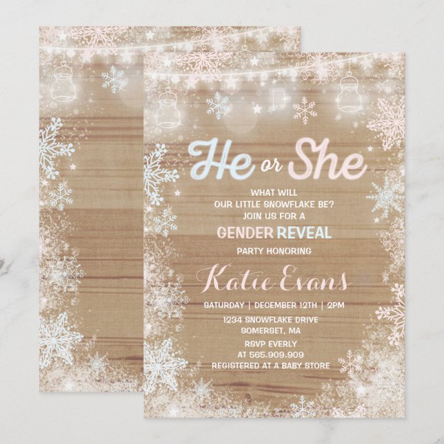 Winter Gender Reveal Invitation Rustic Reveal (Front/Back)