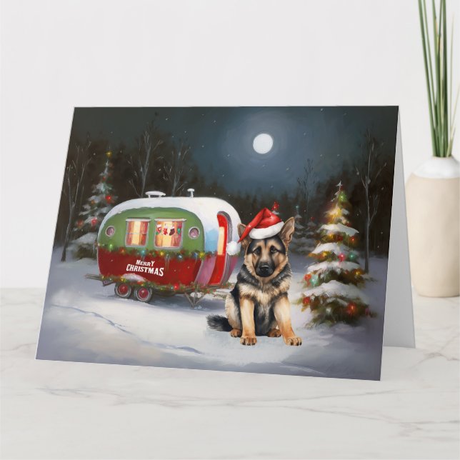 Winter German Shepherd Caravan Christmas Adventure Card (Front)