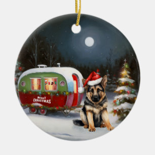 Winter German Shepherd Caravan Christmas Adventure Ceramic Tree Decoration