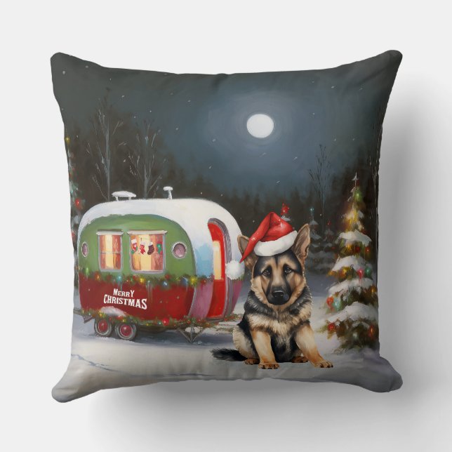 Winter German Shepherd Caravan Christmas Adventure Cushion (Back)