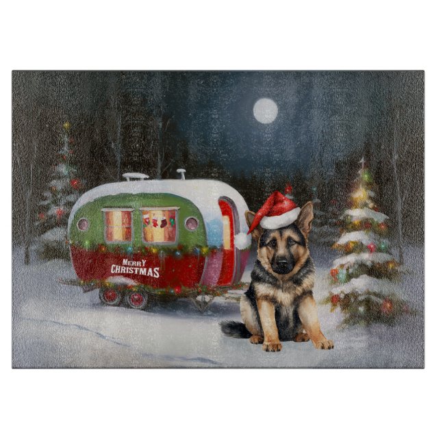 Winter German Shepherd Caravan Christmas Adventure Cutting Board (Front)
