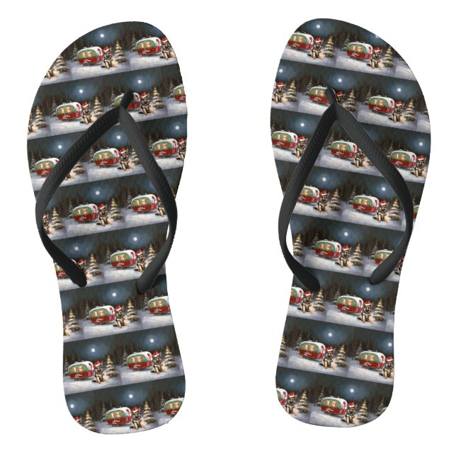 Winter German Shepherd Caravan Christmas Adventure Flip Flops (Footbed)