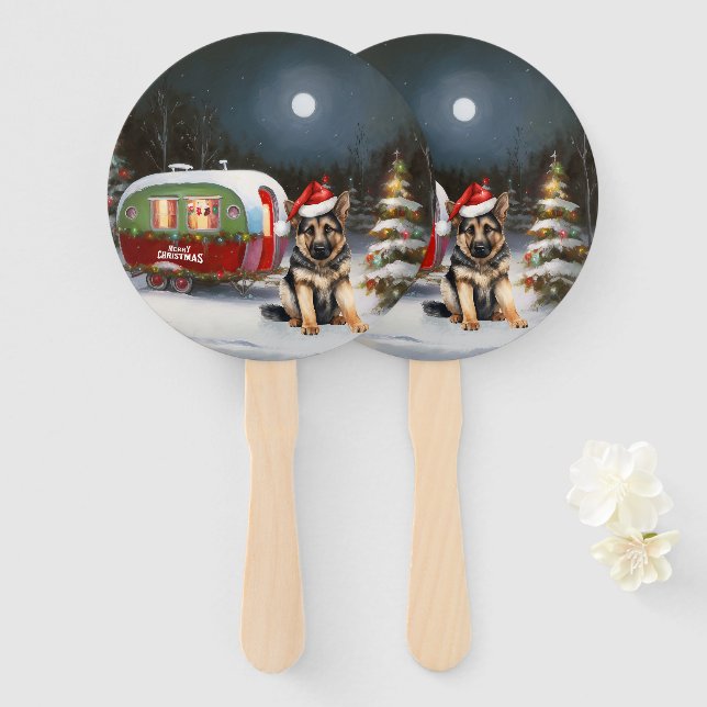 Winter German Shepherd Caravan Christmas Adventure Hand Fan (Front and Back)