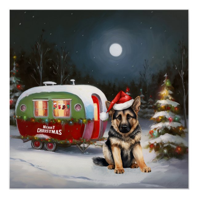 Winter German Shepherd Caravan Christmas Adventure Poster (Front)