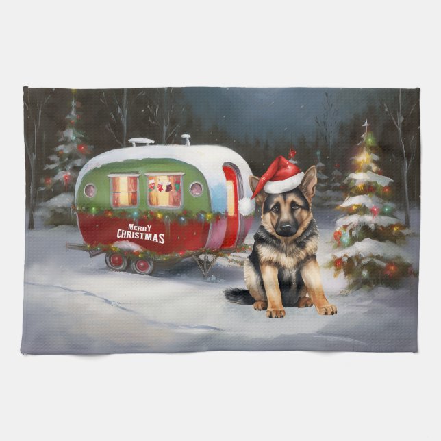 Winter German Shepherd Caravan Christmas Adventure Tea Towel (Horizontal)