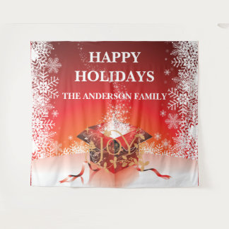 Winter gift box surprise snowflakes red white gold tapestry