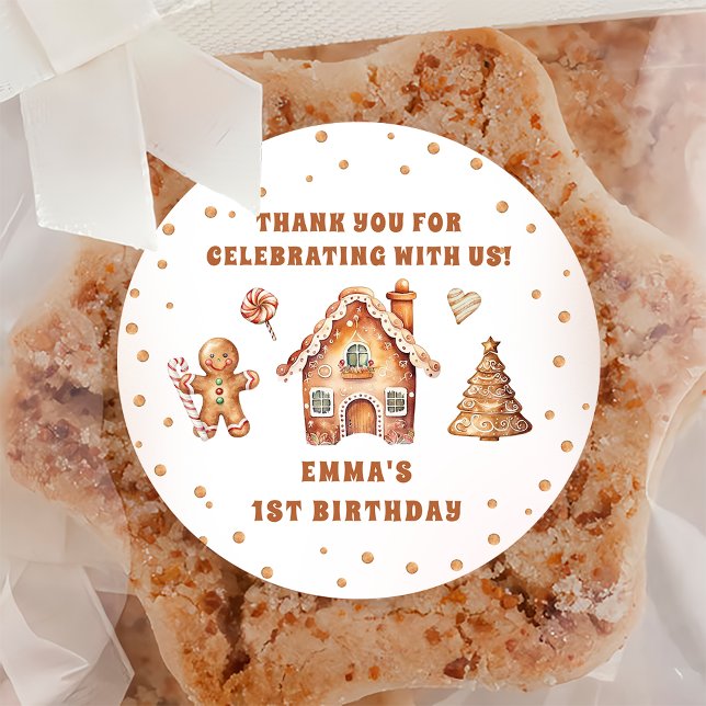 Winter Gingerbread Christmas Cookie Birthday Party Classic Round Sticker (Creator Uploaded)