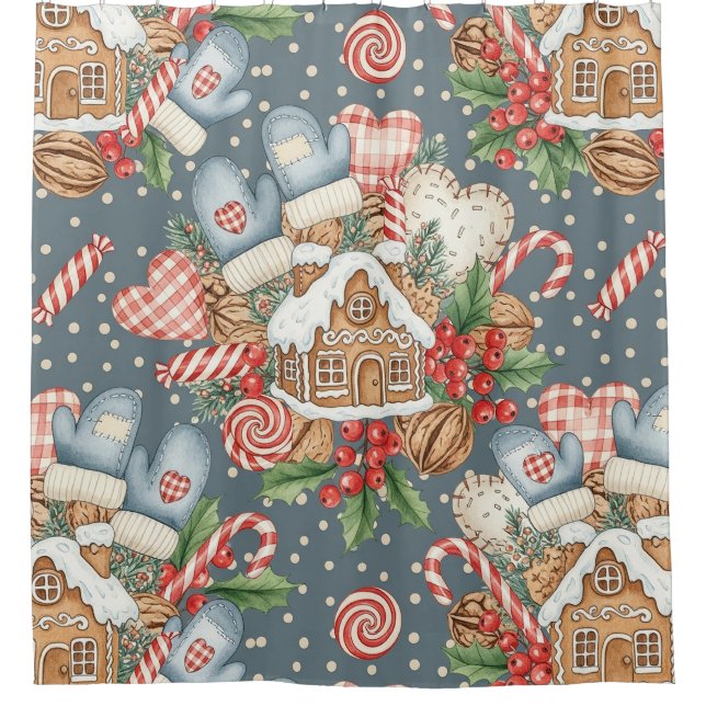 Winter Gingerbread Cottage - Mittens Shower Curtain (Front)