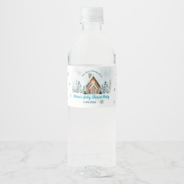 Winter Gingerbread House Blue Baby Shower  Water Bottle Label (Front)