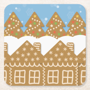 Winter Gingerbread Street Square Paper Coaster