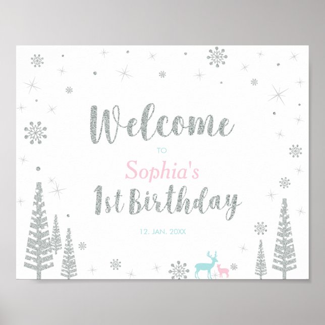 Winter Girl 1st Birthday Party Welcome Sign Poster (Front)
