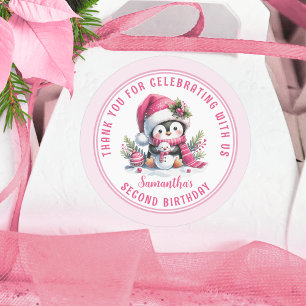 Winter Girl 2nd Birthday Cute Penguin Thank You Classic Round Sticker