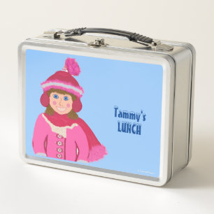 Winter Girl Pink White Red Winter Hat Metal Lunch Box