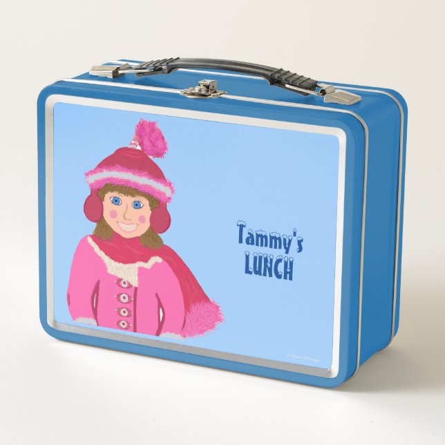 Winter Girl Pink White Red Winter Hat Metal Lunch Box (Front)