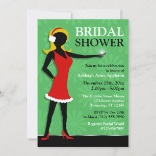 Winter Girl Red Dress Green Bridal Shower Invitation