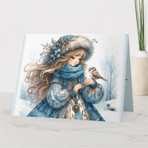 Winter Girl with Bird in Blue Floral Coat Card