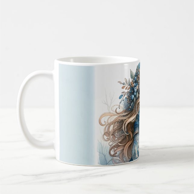 Winter Girl with Bird in Blue Floral Coat Coffee Mug (Left)