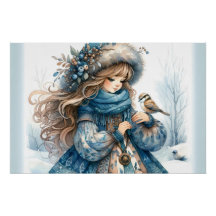Winter Girl with Bird in Blue Floral Coat