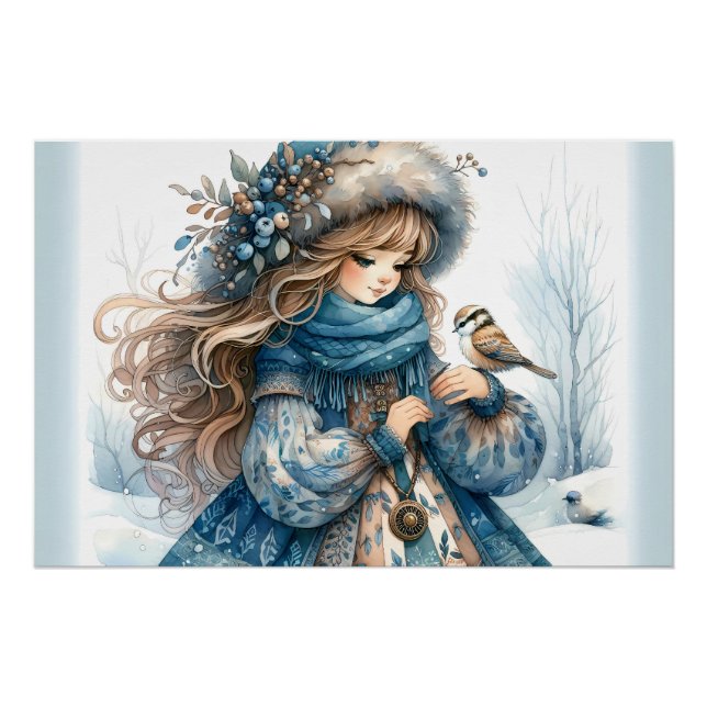 Winter Girl with Bird in Blue Floral Coat Poster (Front)