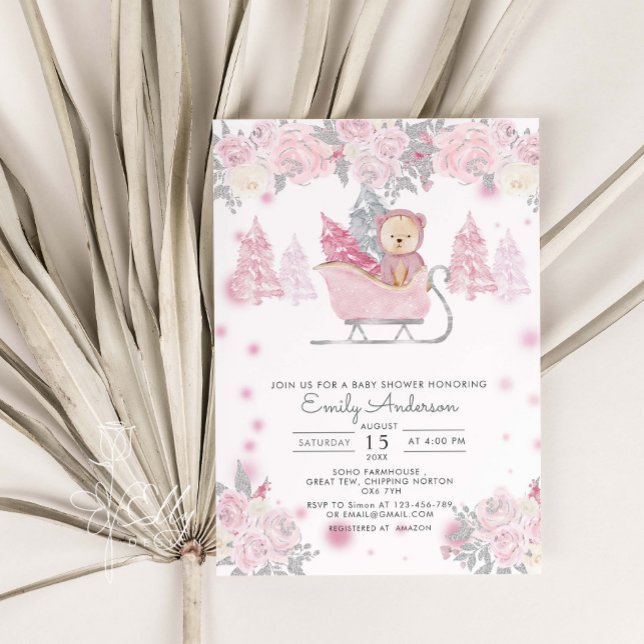 Winter Girl Woodland Bear Floral Baby Shower Invitation (Creator Uploaded)
