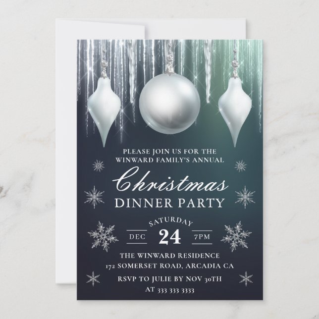 Winter Glass Baubles & Snowflakes Christmas Dinner Invitation (Front)