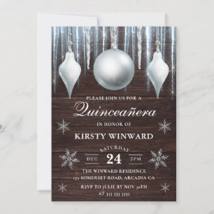 Winter Glass Baubles & Snowflakes Quinceanera Invitation