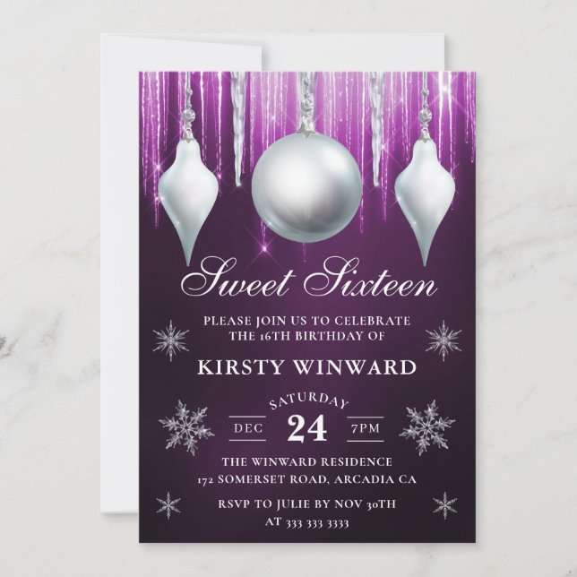 Winter Glass Baubles & Snowflakes Sweet Sixteen Invitation (Front)
